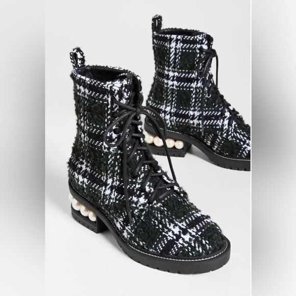 NWT Nicholas Kirkwood Casati Plaid Tweed Pearl Combat Boots 39.5 - Picture 1 of 11